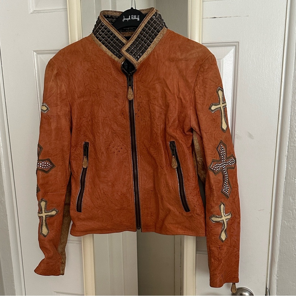Orange Embellished Leather Jacket with Cross Details